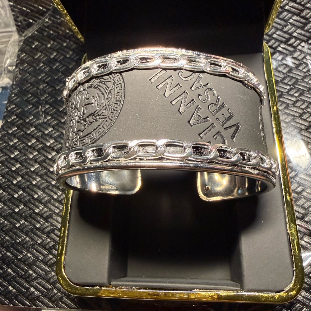 Versace Silver-Tone Chain Trim Cuff Bracelet - Picture 3 of 5